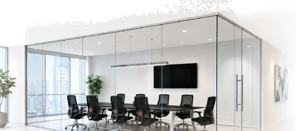 Conference room enclosed with frameless glass walls