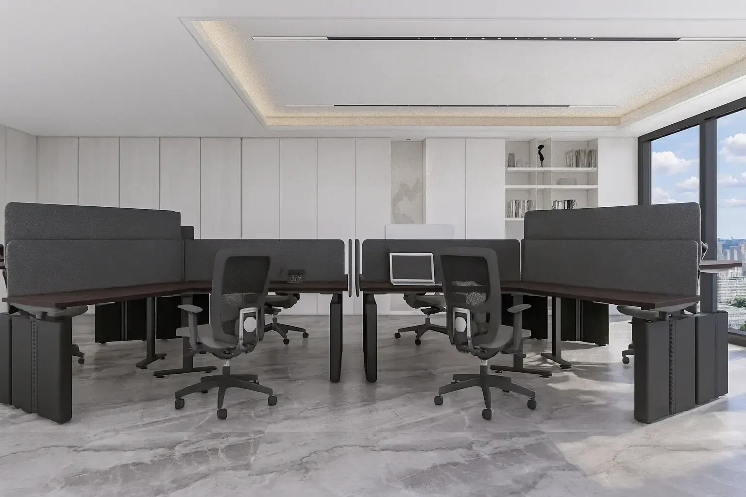 Open office with height-adjustable desks, privacy screens and mesh task chairs
