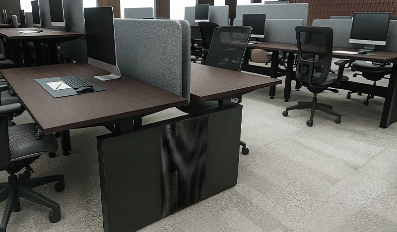 Rows of panel workstations with privacy screens